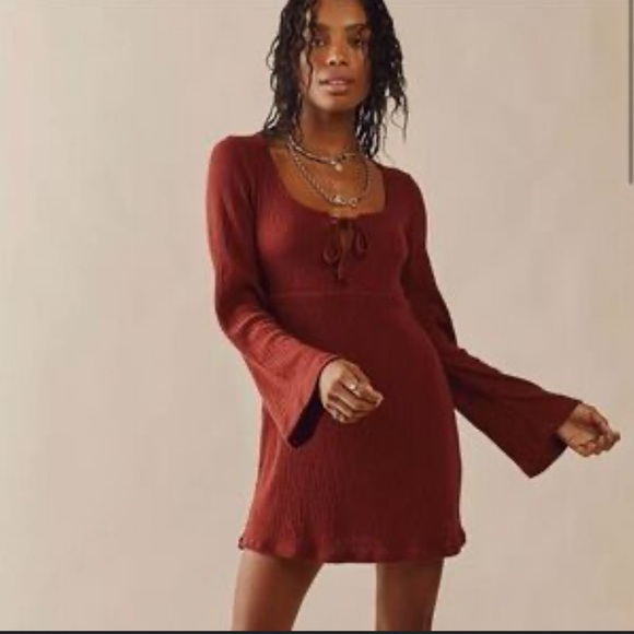 Free People Dresses & Skirts - Free People ribbed long sleeve dress/open back/ brown-burnt orange /size M /NWT